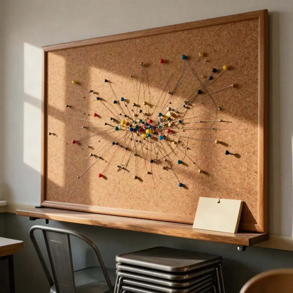 Sunlit community corkboard webbed with pins and thread beside folded chairs and blank cards.
