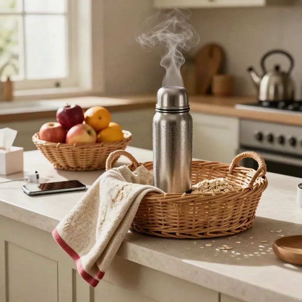 Morning caregiver kitchen counter with thermos, blanket, fruit, tissues, phone and steam.