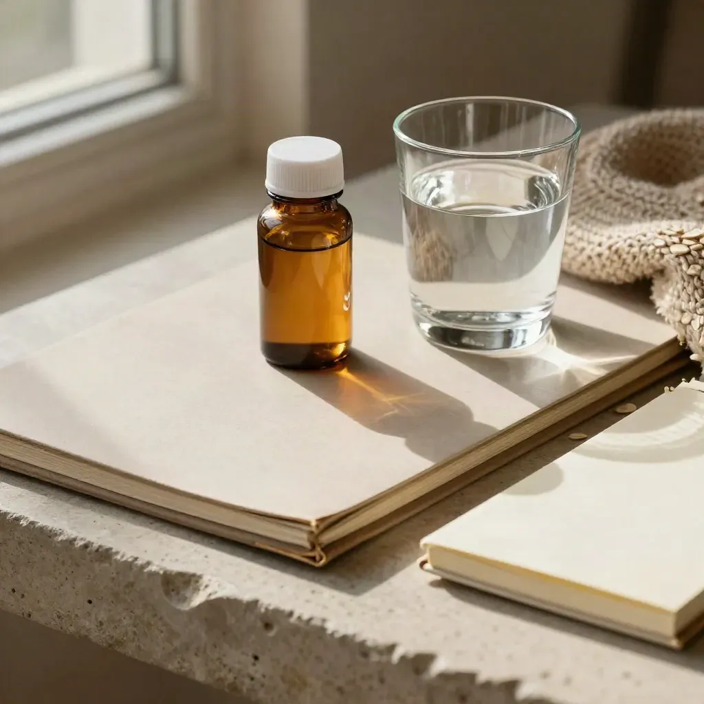 Macro still life of treatment-planning items on pale stone in warm window light.