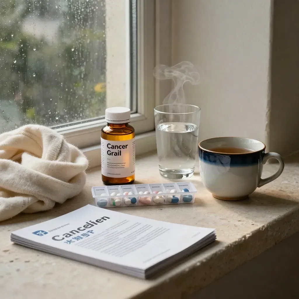 Pill bottle, organizer, scarf, water, tea mug, and booklet by a rain-lit window.