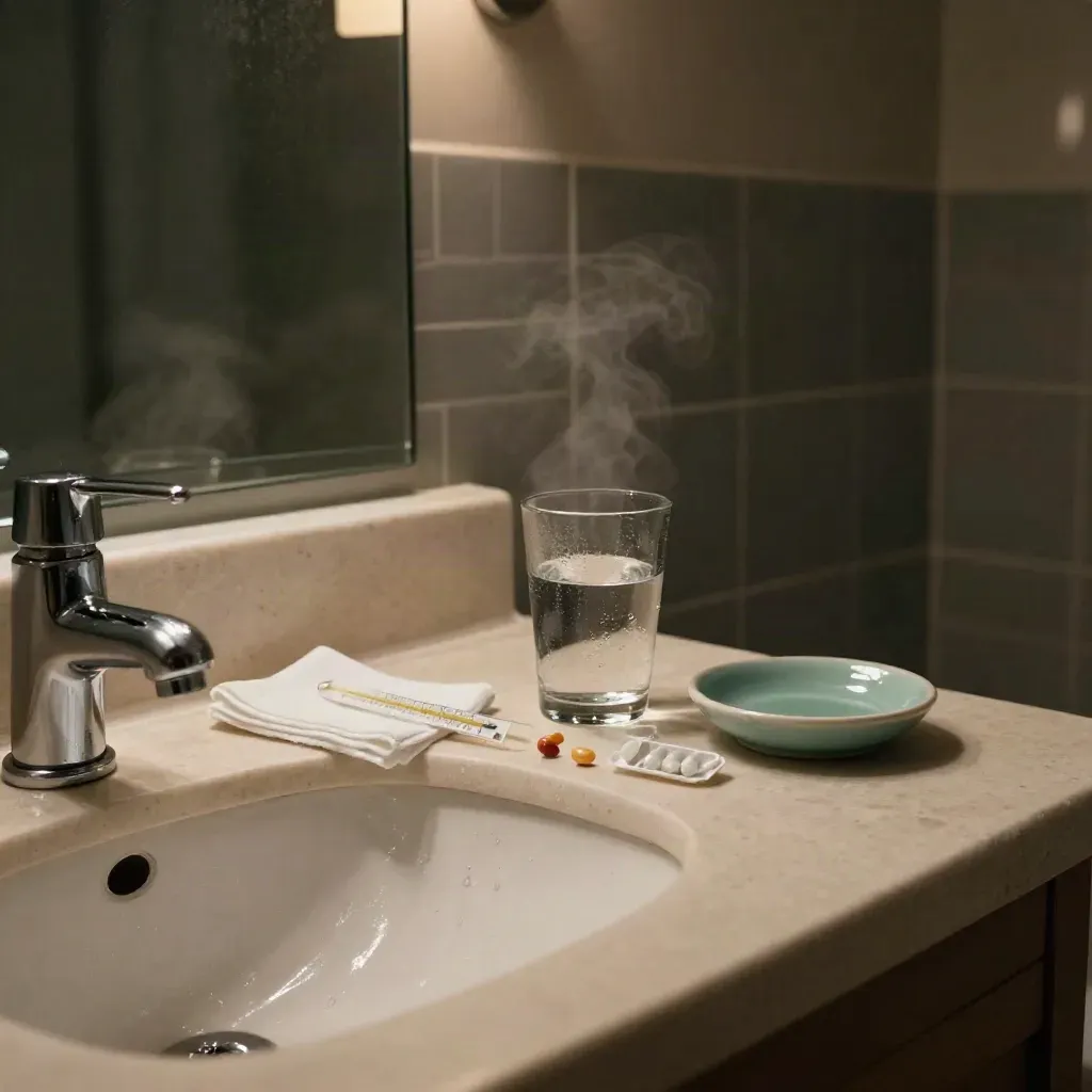 Bathroom counter with thermometer, water, pill case and washcloth under a dim lamp