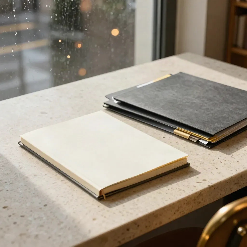 Rainy library table with notebook, research folders, color tabs and chair edge by wet window