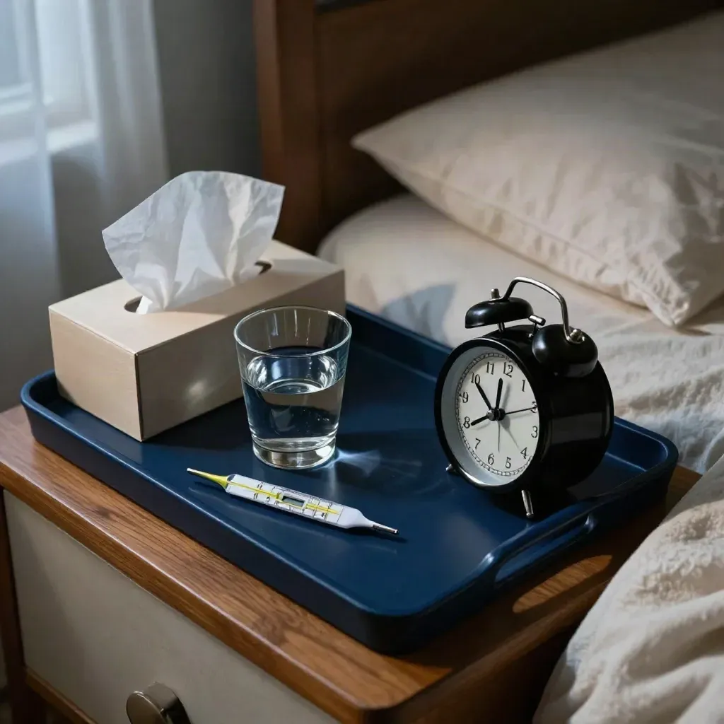 Overhead bedside tray with thermometer, water glass, tissues, and alarm clock in cool night light.