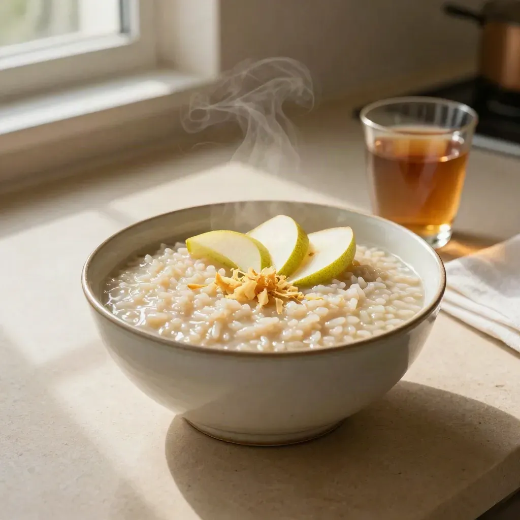 Porridge bowl with pear, ginger tea, and white napkin on a sand-toned counter