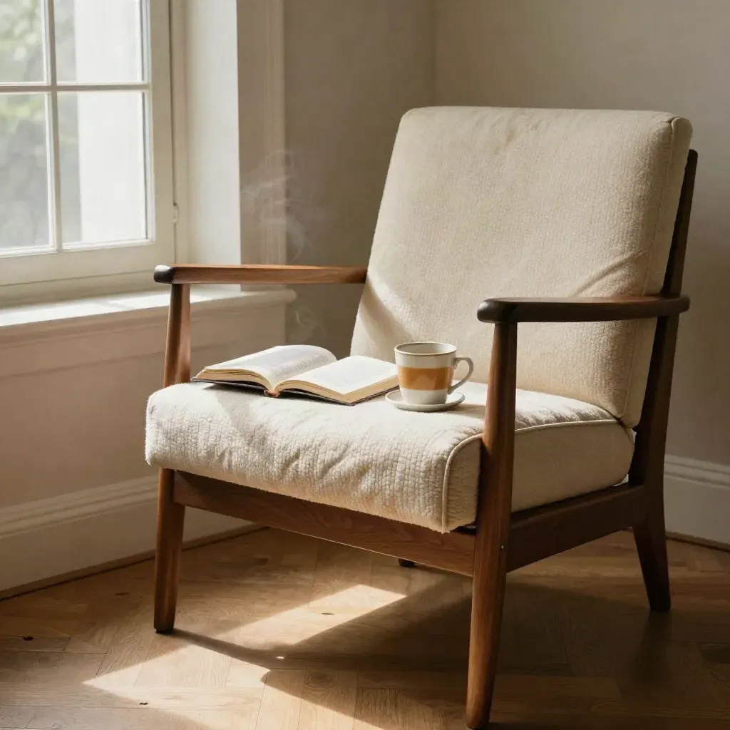 Empty armchair by a sunlit window with quilt, face-down paperback, and half-finished tea.