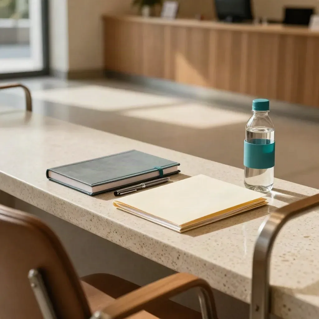 Notebook, folder, pen and water bottle beside a waiting-room chair in warm daylight.