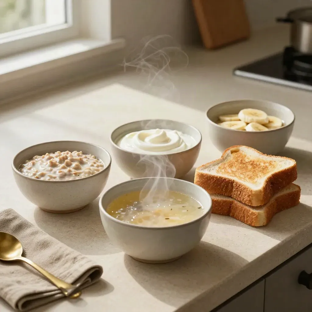 Five small bowls of gentle soft foods on a kitchen counter with steam rising from soup.