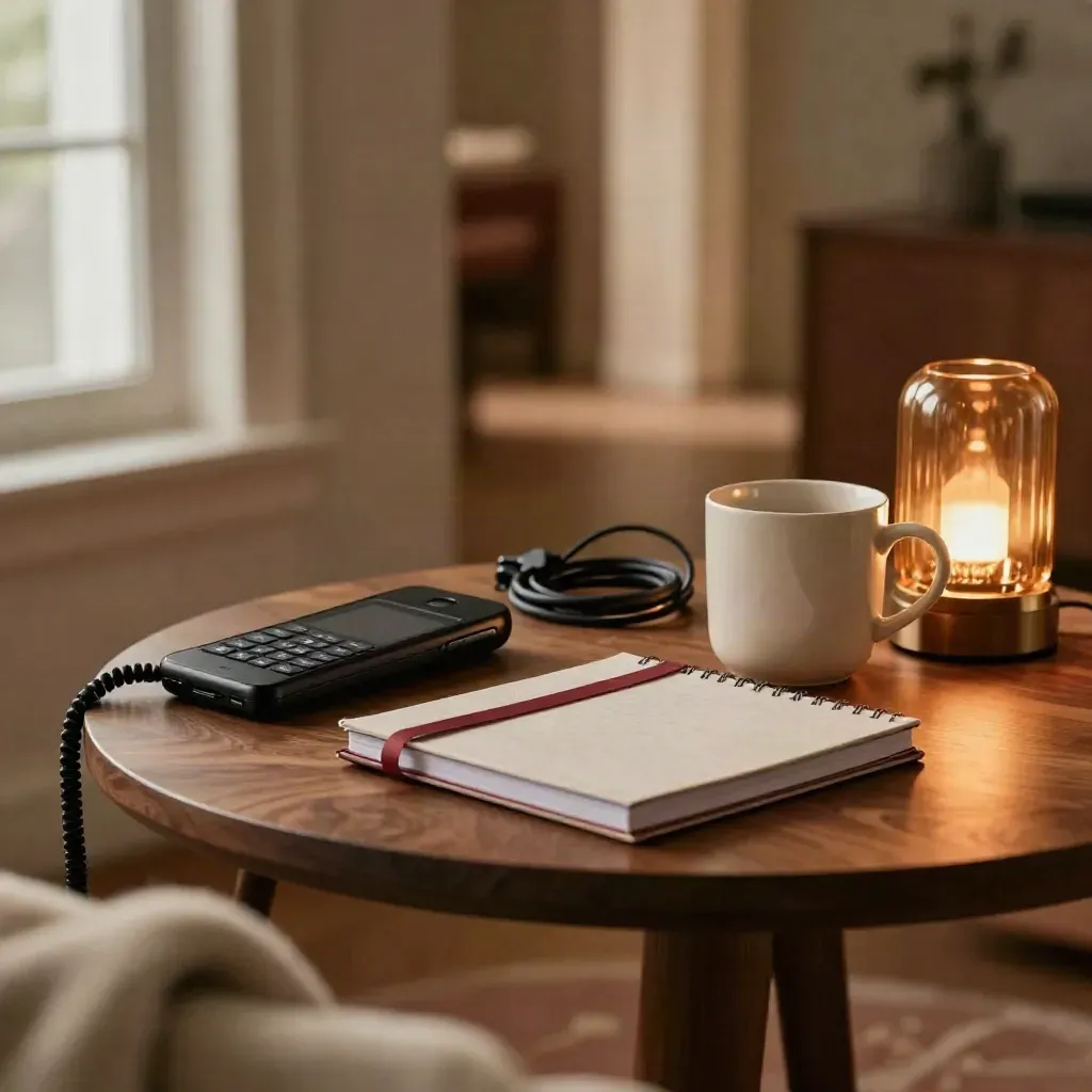 Caregiver call station with phone, closed notebook, charger cable, mug, and lamp on a side table.