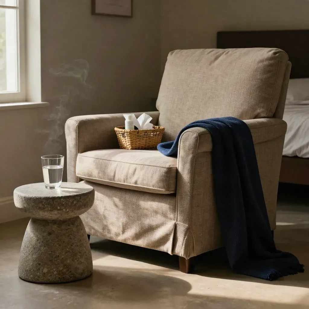 A softly lit armchair beside a bed with water, blanket, and lotions and tissues.