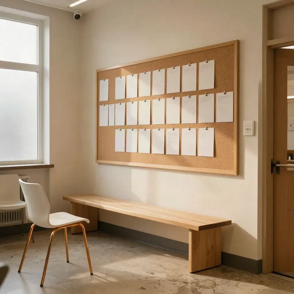 Warm hallway with bulletin wall, blank cards, and empty chairs in soft evening light.