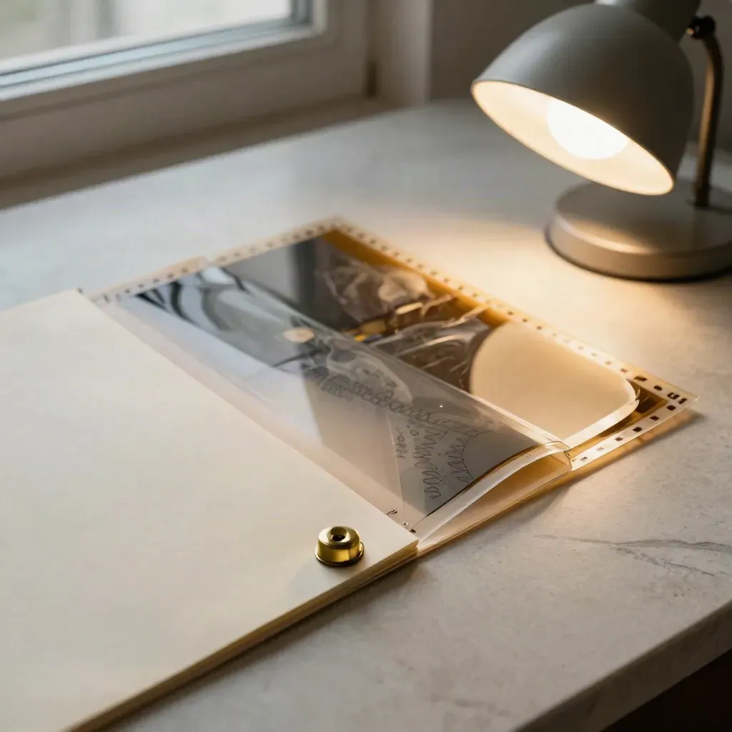 Overhead films in a sleeve with brass paperweight and lamp on a pale stone desk.