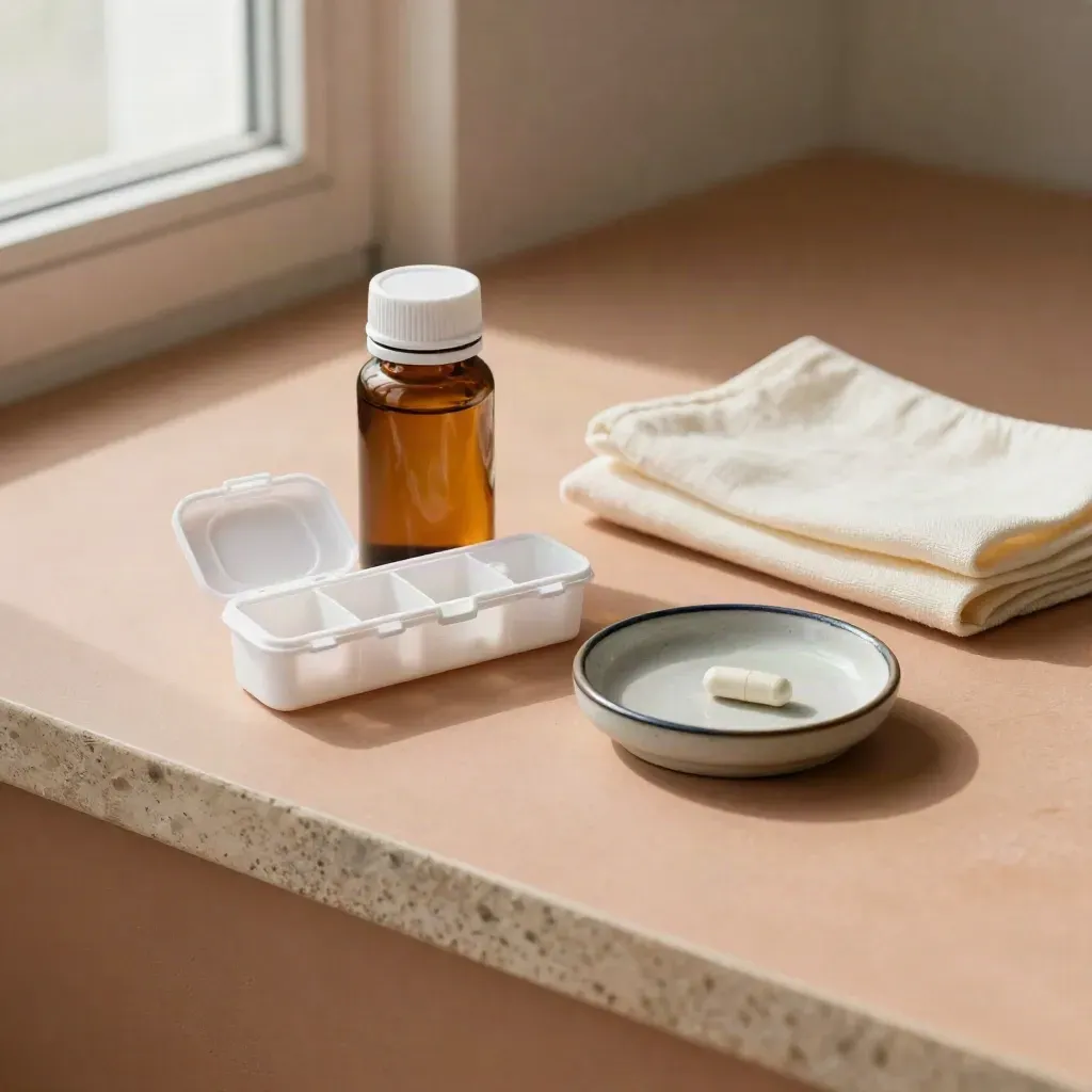 Open pill organizer, medicine bottle, cloth, and ceramic dish on a terracotta slab in soft light.