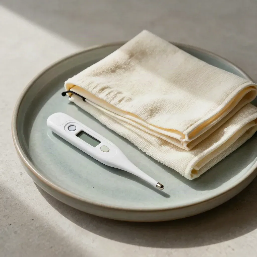 Thermometer, closed notebook, and folded washcloth on a ceramic tray in soft daylight.