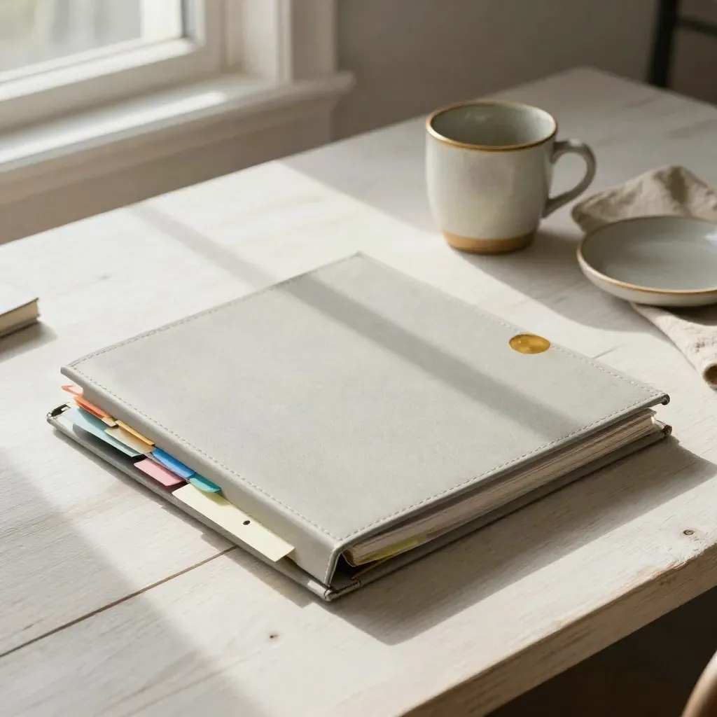 Neutral binder with tabs and a ceramic cup on a pale wood desk, lit by soft window haze.