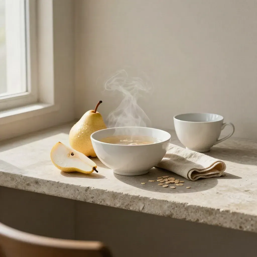 Steam rising from broth beside pear slices, linen, and a white teacup on stone shelf.